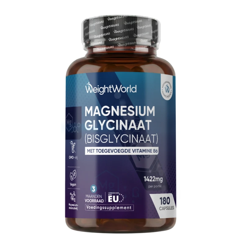 Magnesium Glycinaat - 1420mg 180 capsules - met vitamine B6 Ondersteunt sterke spieren