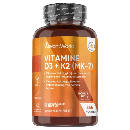 Vitamine D3+K2 (2000 IE + 200 mcg) - 365 tabletten - Vitamine D3 Voor gewrichten en botten